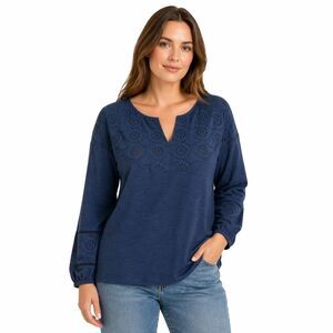 Style & Co Blouse Womens Large Blue Embroidered V Neck Long Sleeve Knit Top